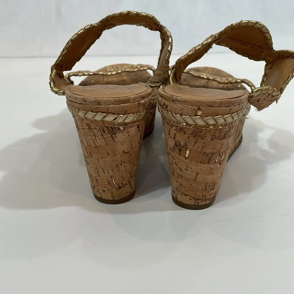 Jack Rogers Cork Wedge Sandals Size 9.5 Gold Trim